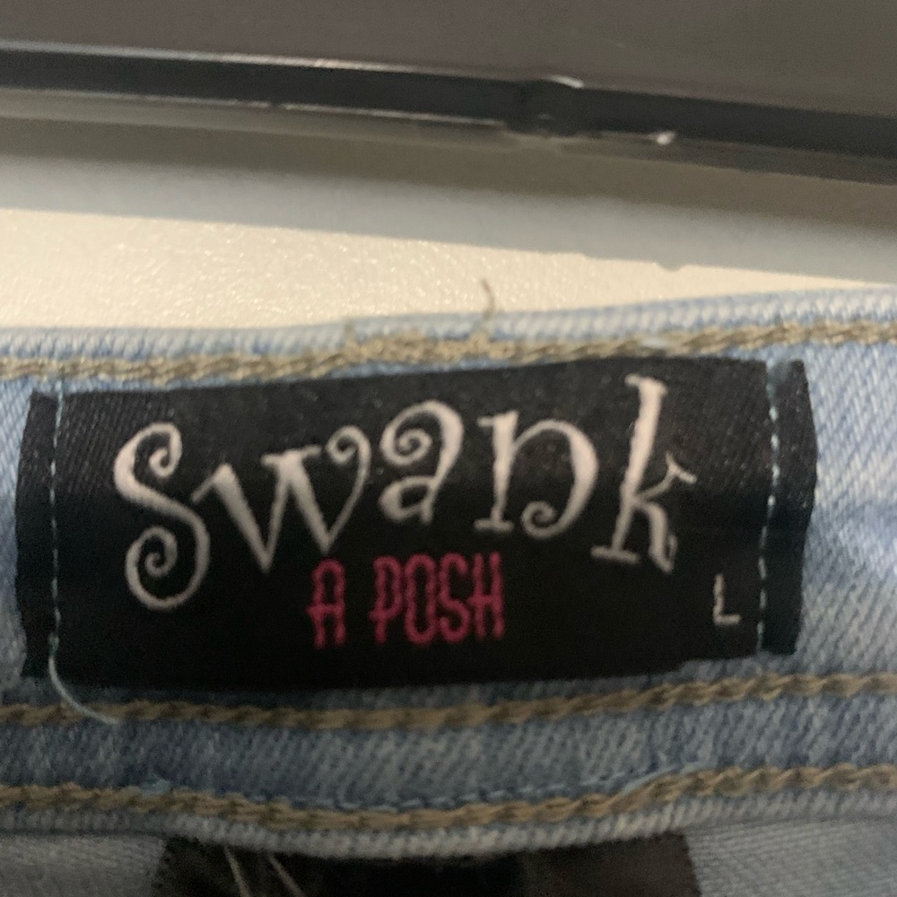 SWANK Light Blue Distressed Fringe Hem Wide-Leg Jeans - Picture 3 of 4